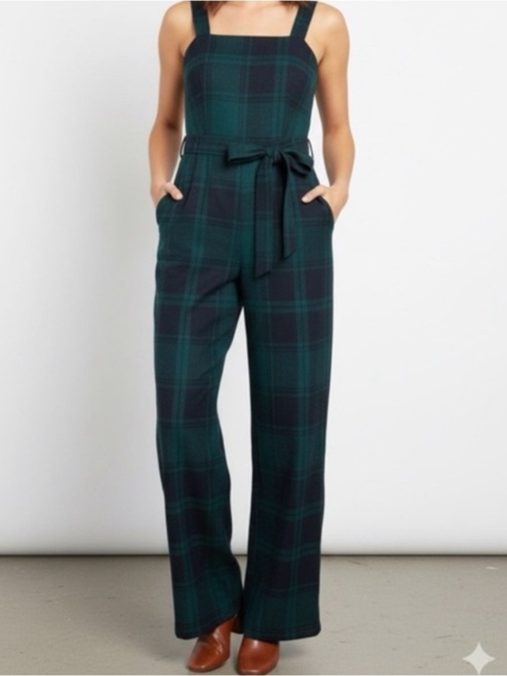 Copper Key Green and Black Plaid Square-Neck Jumpsuit with Tie Waist